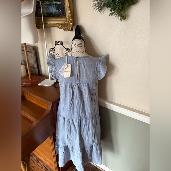 Chambray Tiered Ruffle Sleeve Embroidered Babydoll Dress NWT - Picture 6 of 8